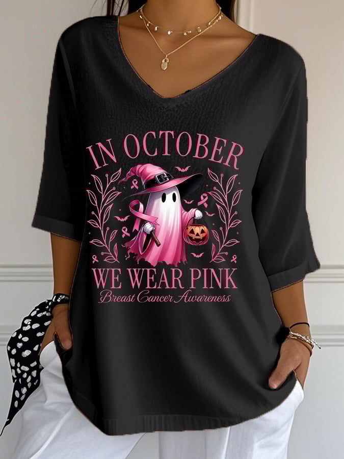 Women's In October We Wear Pink Breast Cancer Awareness Halloween Ghost Print Casual T-Shirt