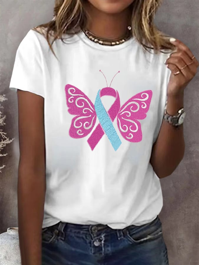 Women's Butterfly Pink Ribbon Breast Cancer Awareness Print T-Shirt
