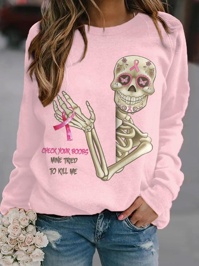 Skeleton Pink Ribbon Print Sweatshirt