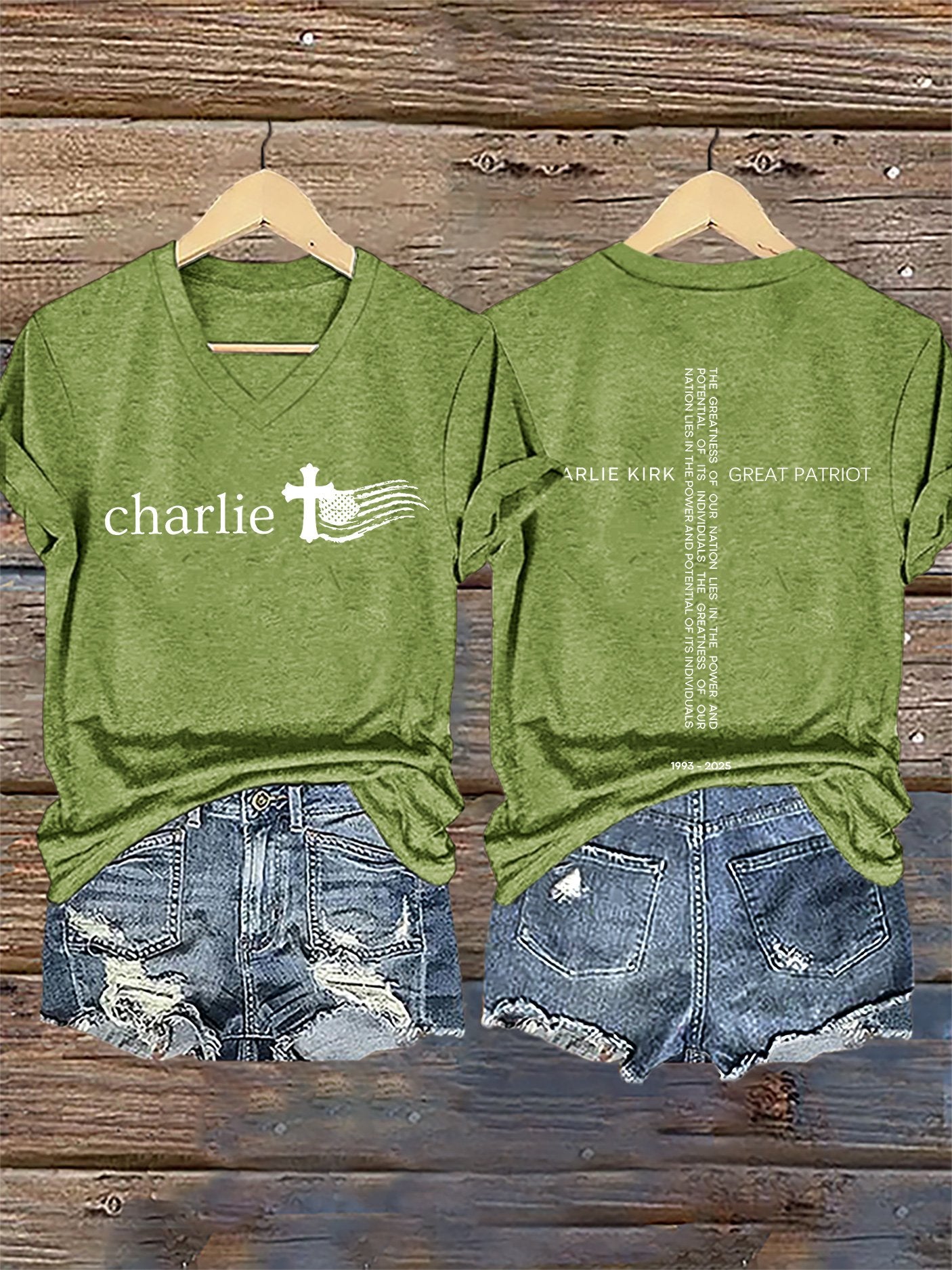 V-Neck Retro Faith Flag Cross The Greatness Of Our Nation Lies In The Power And Potential Of Its Individuals Print T-Shirt