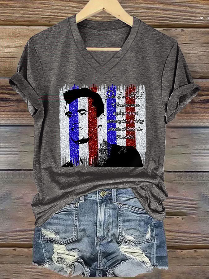V-Neck Retro God Is Our Refuge And Strength, A Very Present Help In Trouble Print T-Shirt