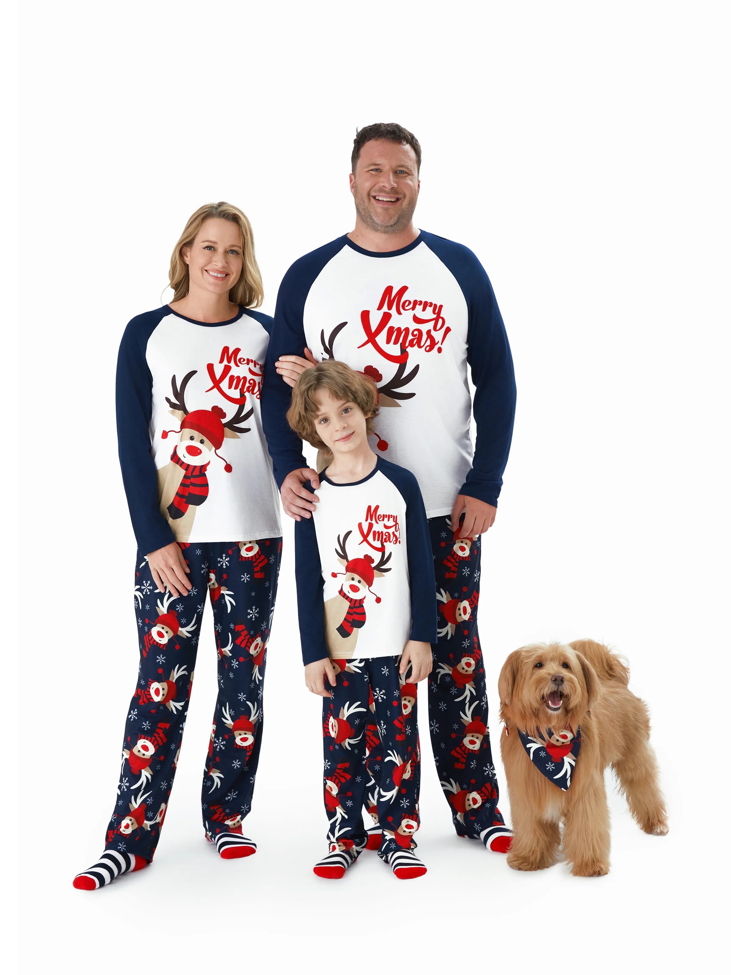 Christmas Family Pajamas Reindeer Pattern Big Graphic Raglan Sleeves Pajamas Sets with Christmas Socks Dark blue/White/Red