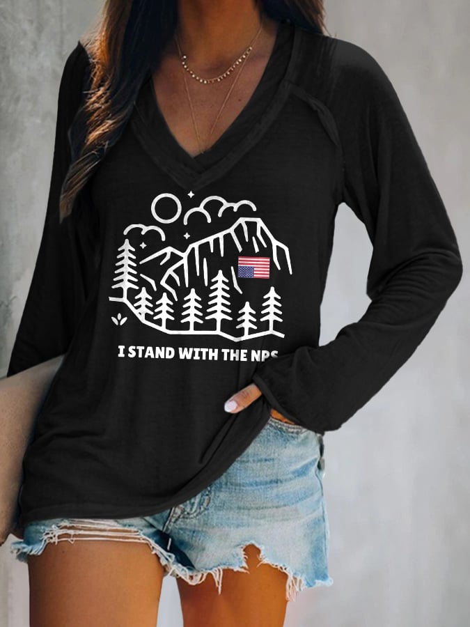 V-neck Retro I Stand With The NPS National Park Support Print T-Shirt
