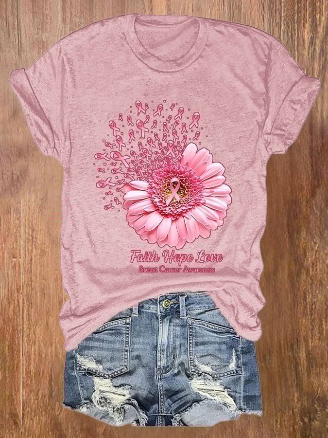 Breast Cancer Awareness Faith Hope Love Daisy Flower Ribbon Print T-Shirt