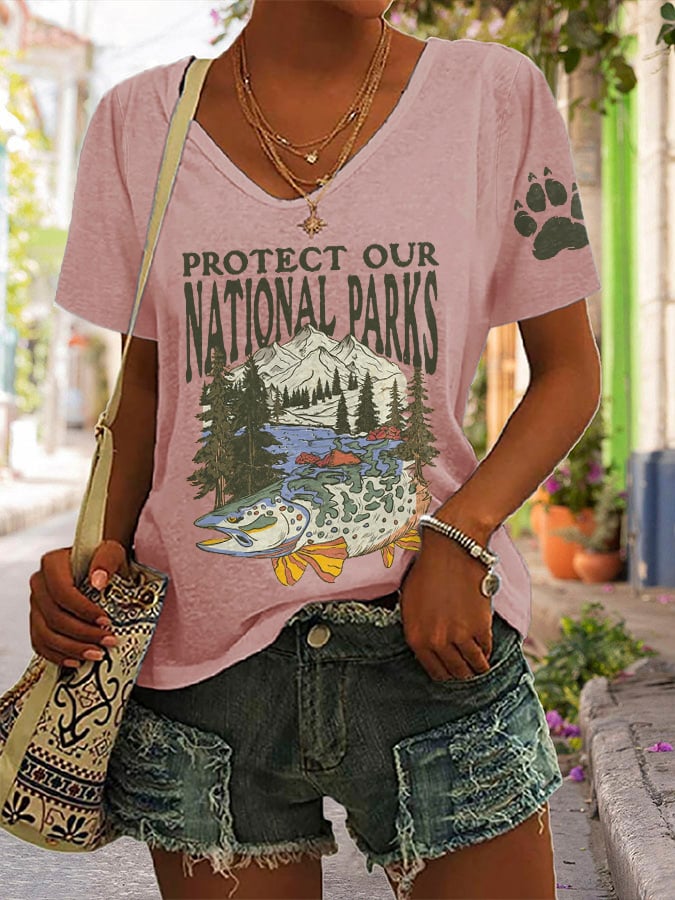 Women's Protect Our National Parks Print V Neck Casual T-Shirt