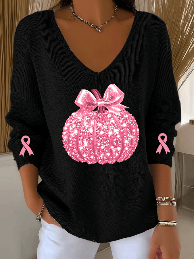 Women's Breast Cancer Sequin Pumpkin Print Casual Striped Fabric Long Sleeve T-Shirt