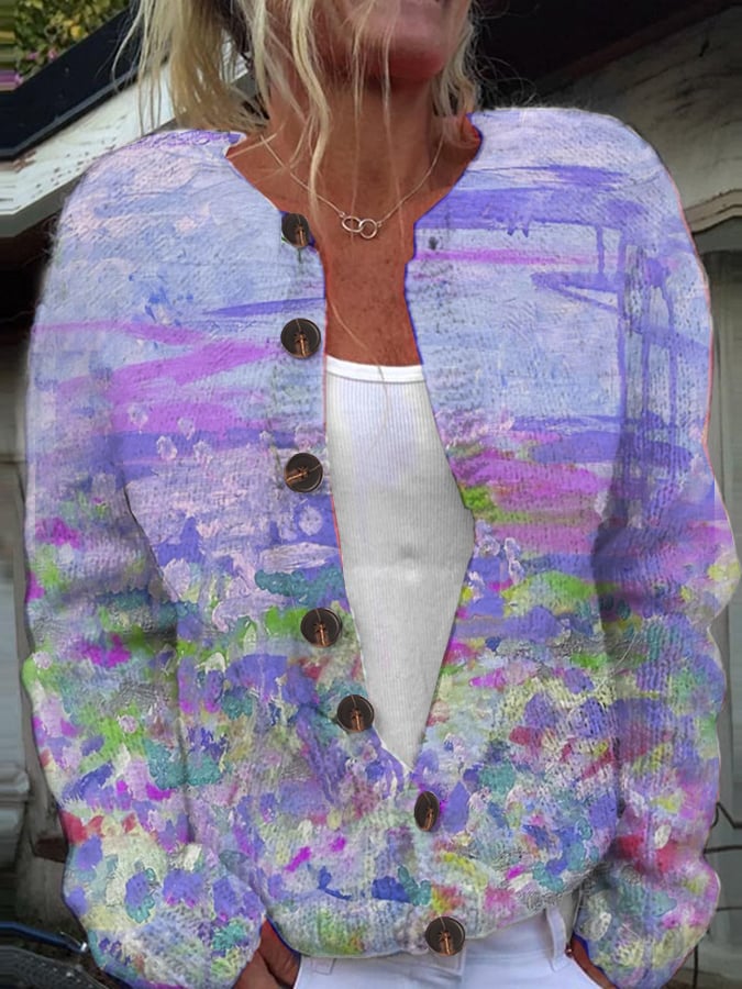 Women's Pink Art Oil Painting Breast Cancer Sweater Knit Cardigan