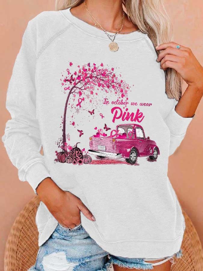 Butterfly Pumpkin In October We Wear Pink Printed Sweatshirt