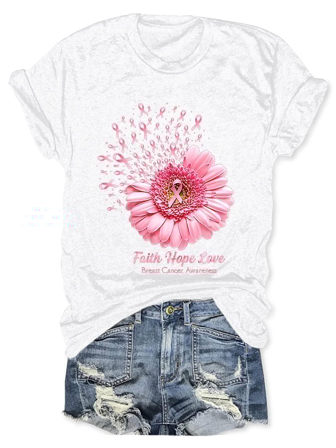 Breast Cancer Awareness Faith Hope Love Daisy Flower Ribbon Print T-Shirt