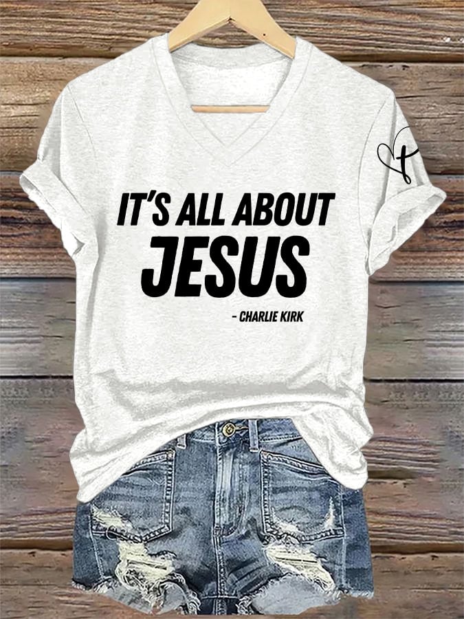 V-Neck Retro It's All About Jesus Print T-Shirt