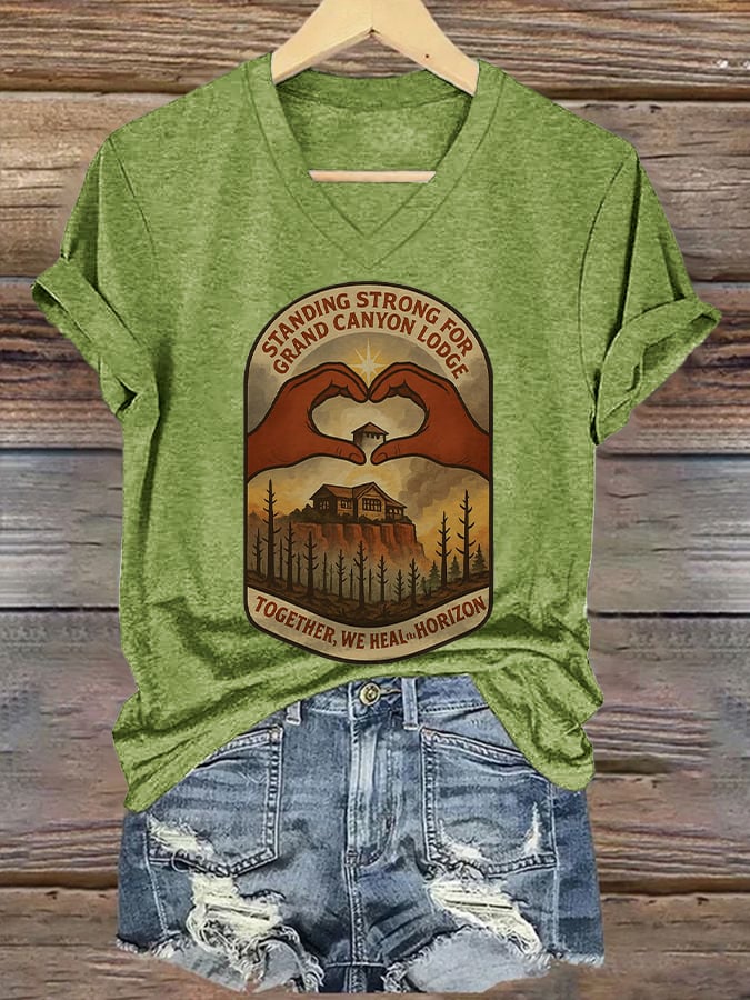 Women's Standing Strong For Grand Canyon Lodge Print V Neck T-shirt