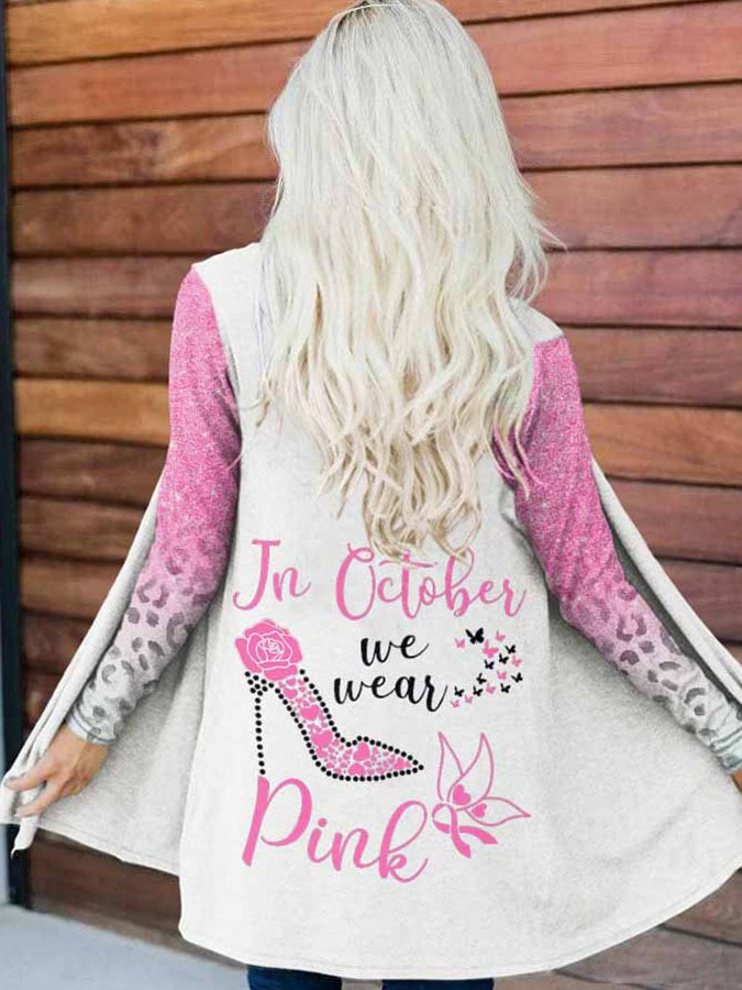 Breast Cancer Awareness In October We Wear Pink Heels Butterfly Leopard Sequins Print Cardigan