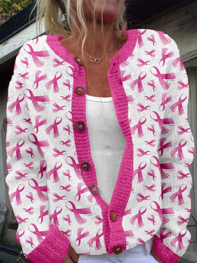 Women's Breast Cancer Pink Ribbon Print Casual Sweater Cardigan