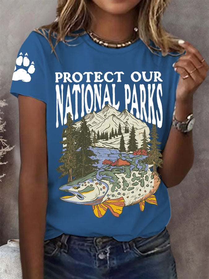 Women's Protect Our National Parks Print Round Neck T-Shirt