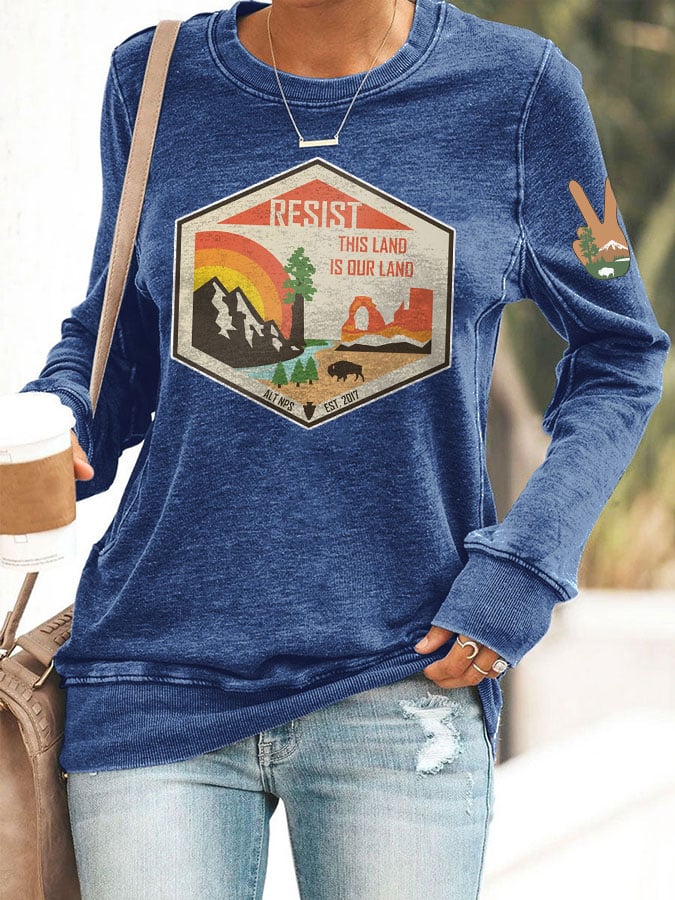 Women's Retro Resist This Land Is Our Land Printed Casual Sweatshirt