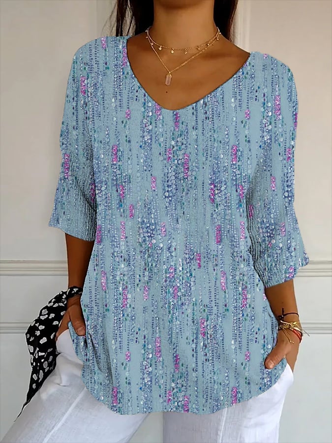 Women's Artistic Design Printed Ribbed Fabric Casual V-Neck Mid-Sleeve T-Shirt