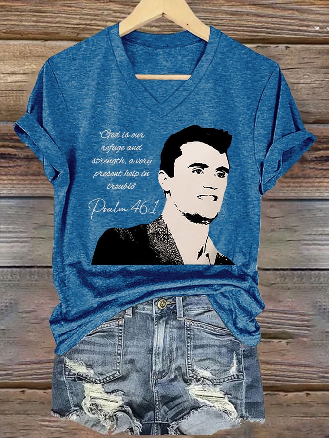 V-Neck Retro God Is Our Refuge And Strength, A Very Present Help In Trouble Psalm 46:1 Print T-Shirt