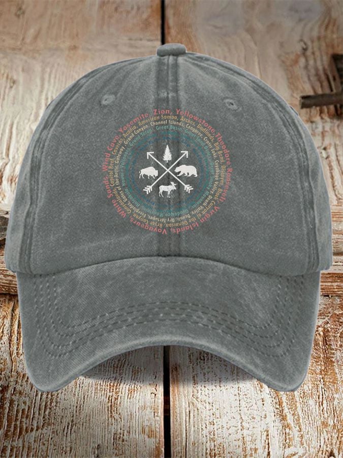 Unisex Distressed Washed Cotton Hot Spot 63 National Parks Explore, Protect, Preserve Printed Hat