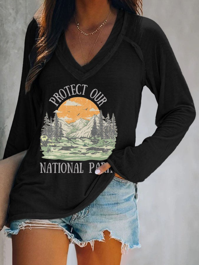 Women's Protect Our National Parks Print V Neck T-Shirt