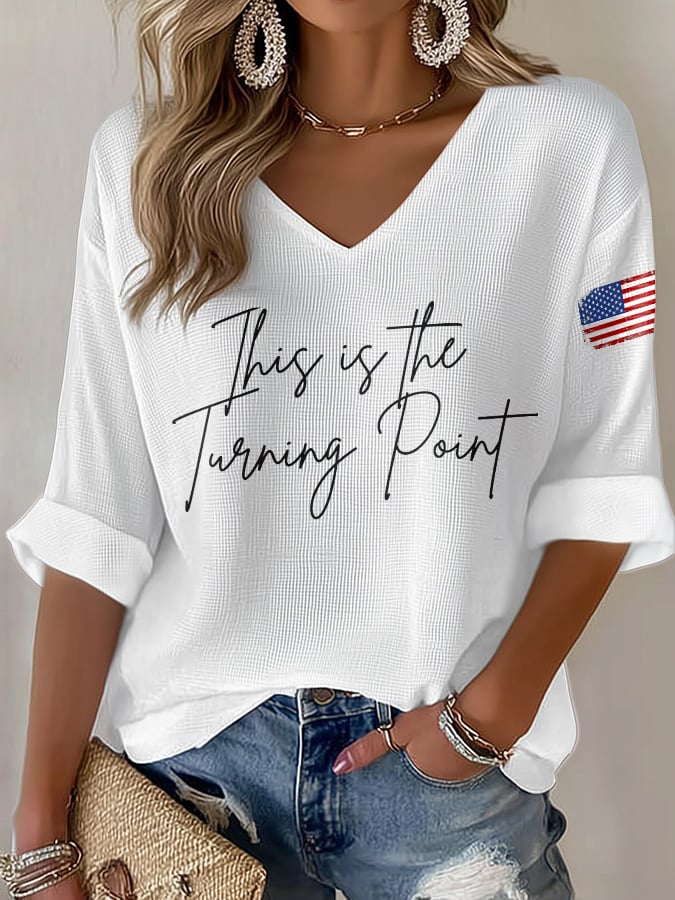 V-Neck Retro This Is The Turning Point Print T-Shirt