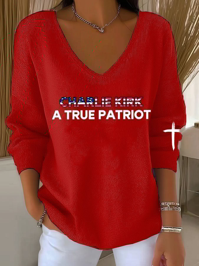Women's American Patriot Print V Neck Sweater