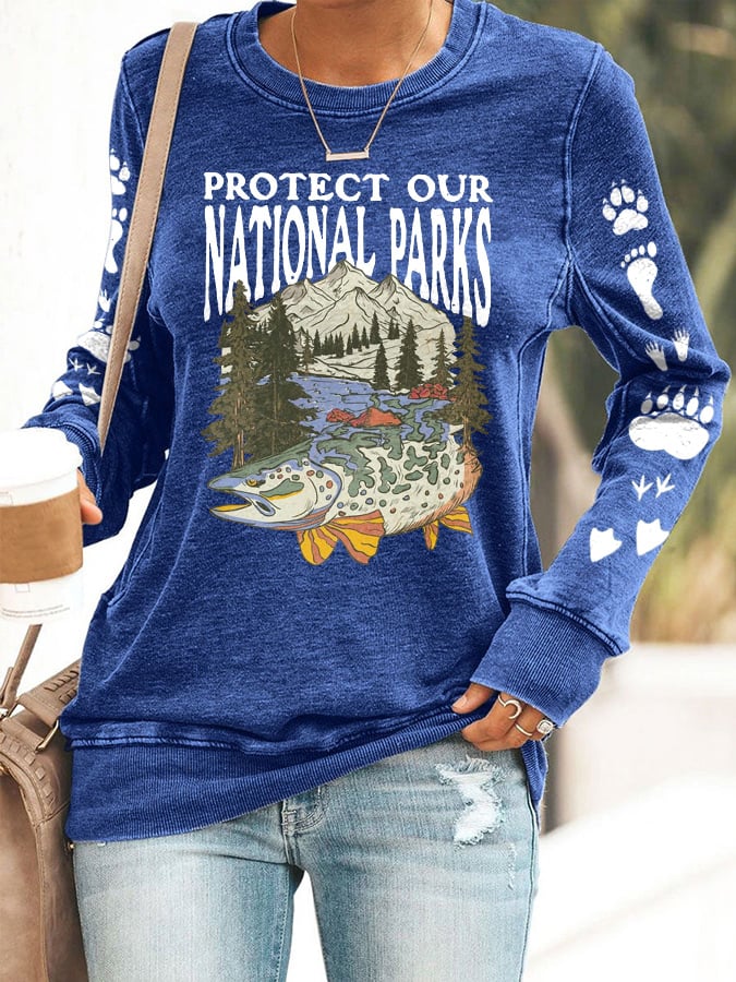 Women's Protect Our National Parks Print Round Neck Sweatshirt