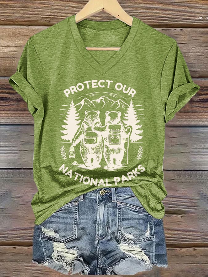 V-neck Retro Protect Our National Parks Print T-Shirt