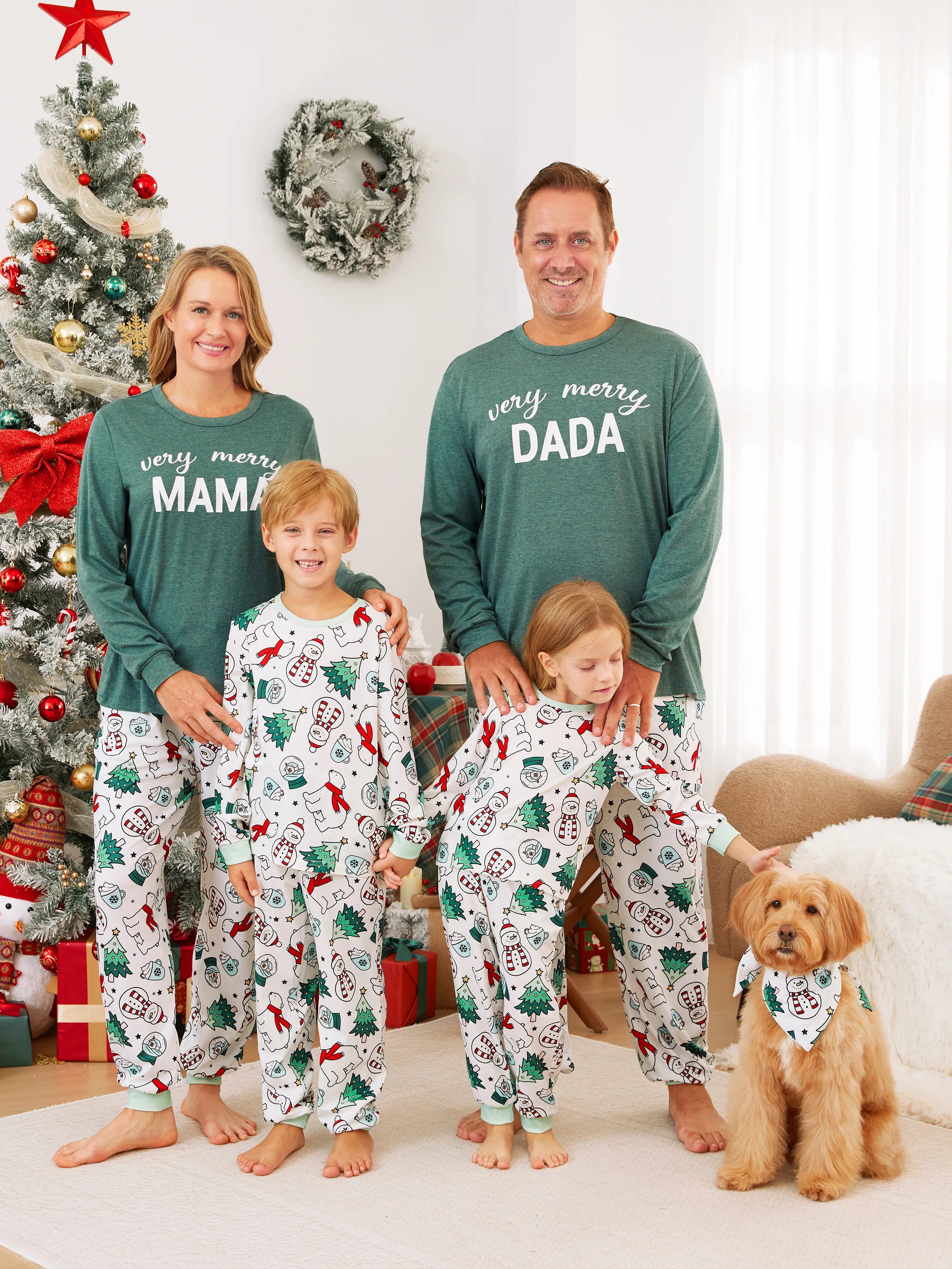 Christmas Family Matching Long Sleeves Very Merry Green Tops Allover Pattern Pants Pajamas Sets with Christmas Socks MediumSpringGreen
