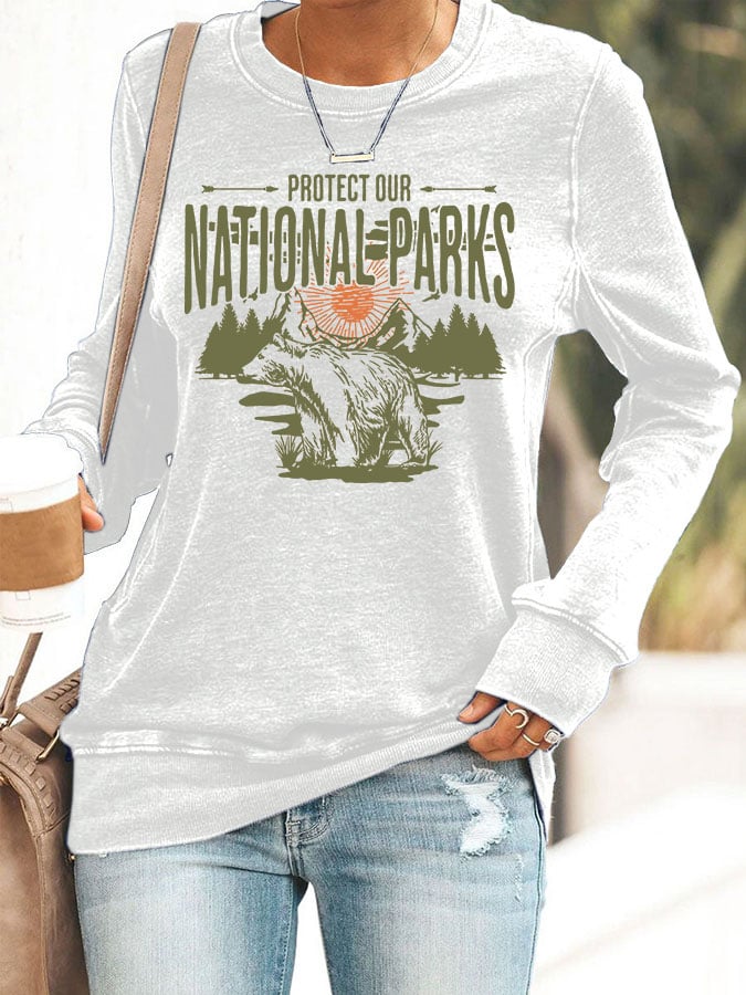 Women's Protect Our National Parks Print Round Neck Sweatshirt