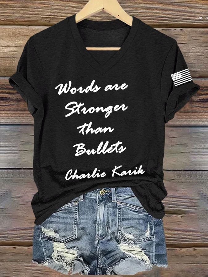 Women's Words Are Stronger Than Bullets Print V Neck T-shirt