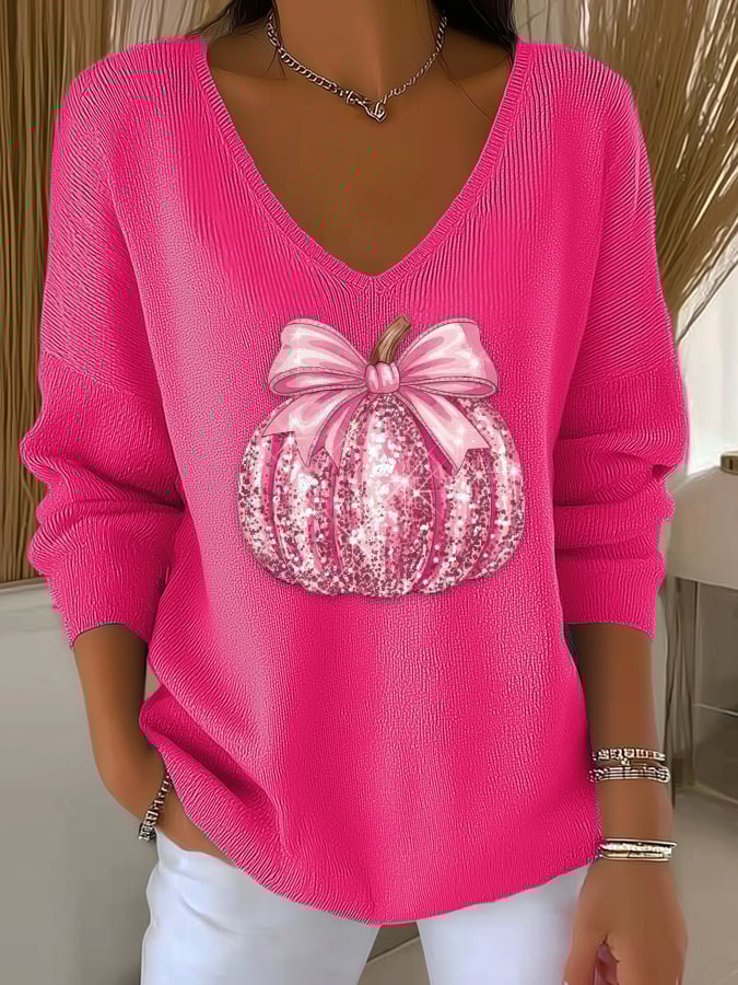 Women's casual pink sequined pumpkin striped long-sleeved top