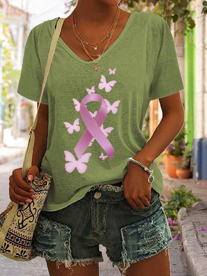 Women's Butterfly Breast Cancer Print Loose Short Sleeve T-Shirt