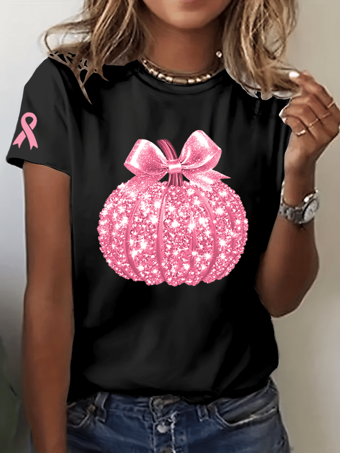 Women's Breast Cancer Sequined Pumpkin Print Crew Neck T-Shirt