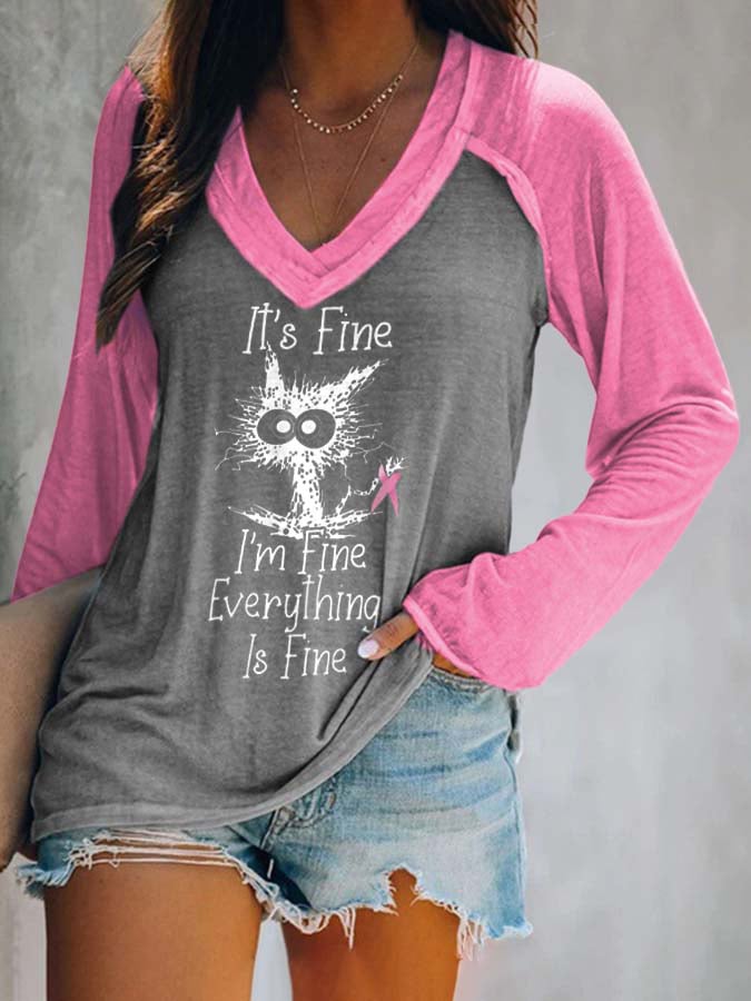 Women's Pink Breast Cancer Awareness Print Long Sleeve V-Neck T-Shirt