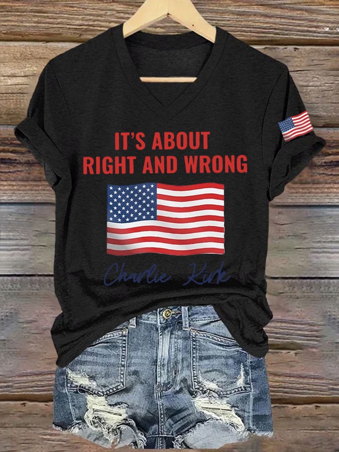 Women's It's About Right And Wrong Print V Neck T-shirt