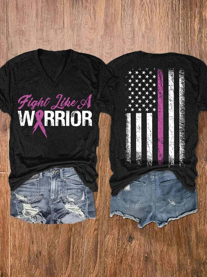 V-neck Breast Cancer Awareness Fight Like A Warrior Flag Double Sided T-Shirt