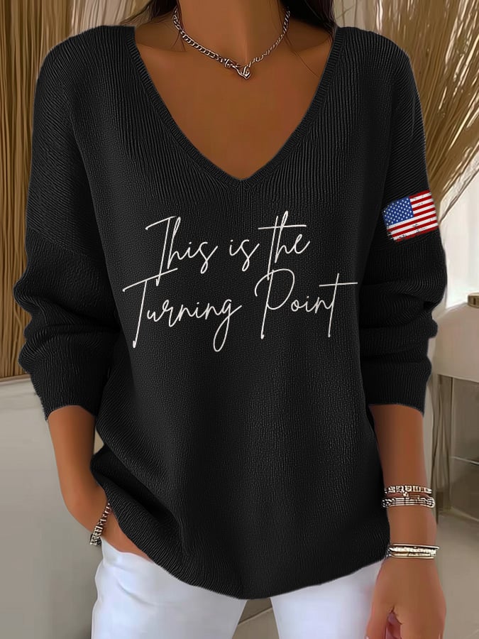 V-Neck Retro This Is The Turning Point Print Knitwear Tops