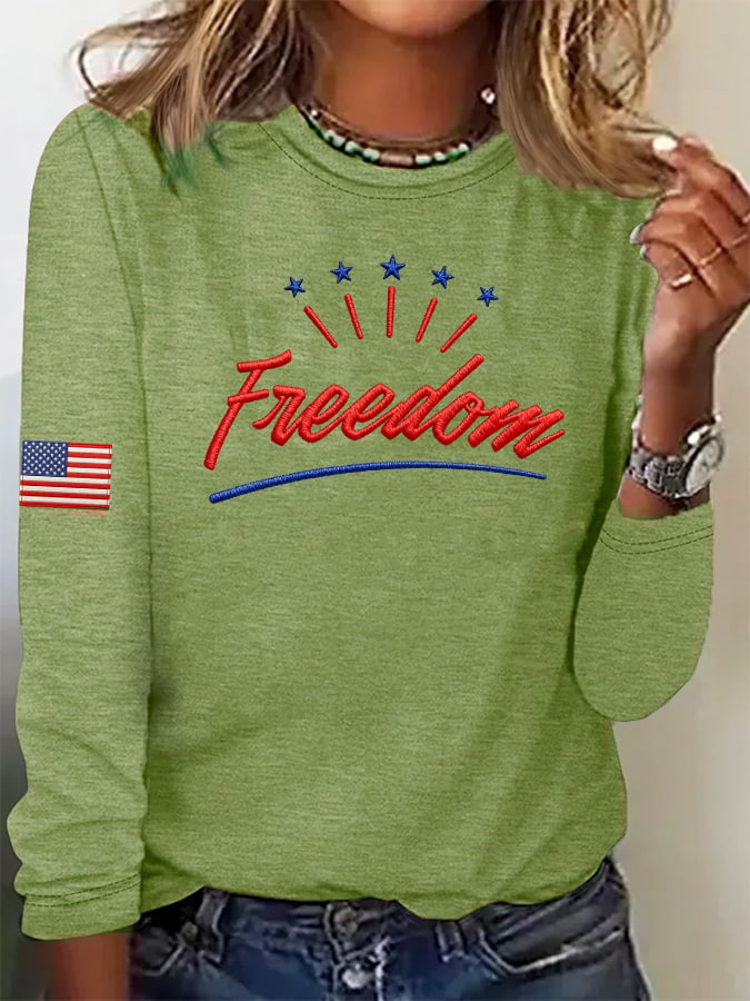 Women's Casual Freedom Flag Contrast Color Cotton Long-Sleeved T-Shirt