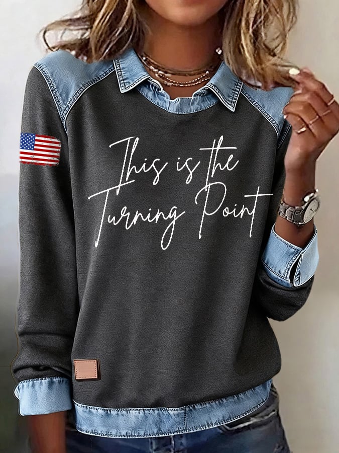 Retro This Is The Turning Point Printed Denim Patchwork Sweatshirt