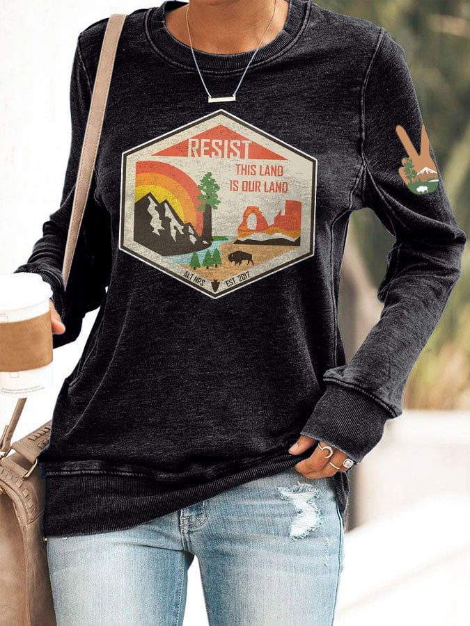 Women's Retro Resist This Land Is Our Land Printed Casual Sweatshirt