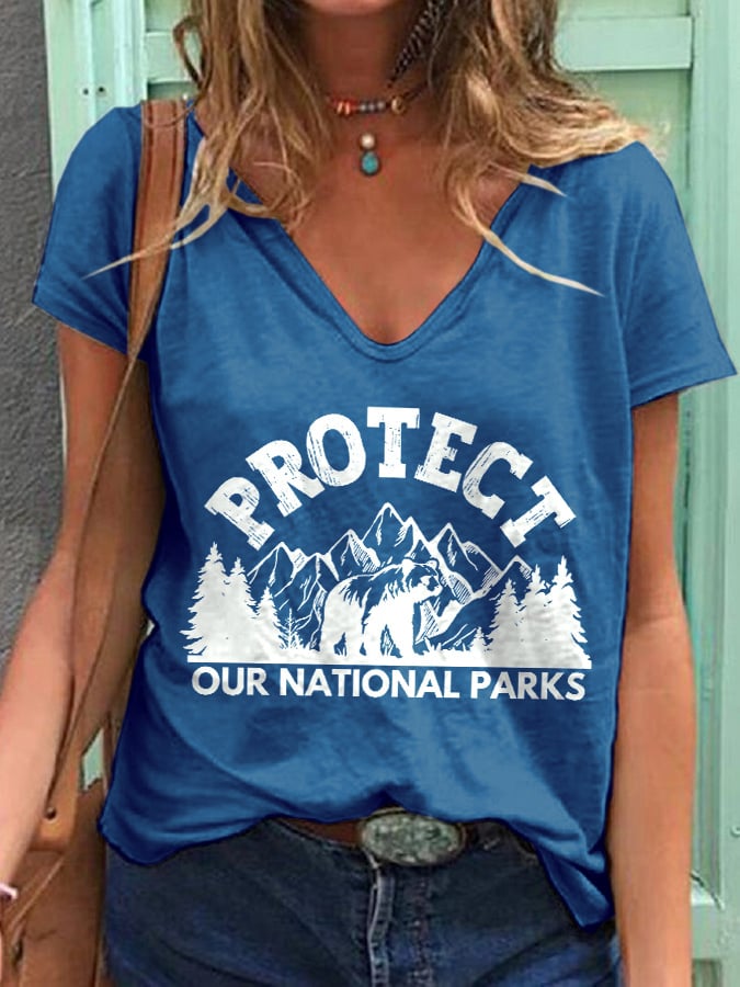 Women's Protect Our National Parks Print V Neck T-Shirt