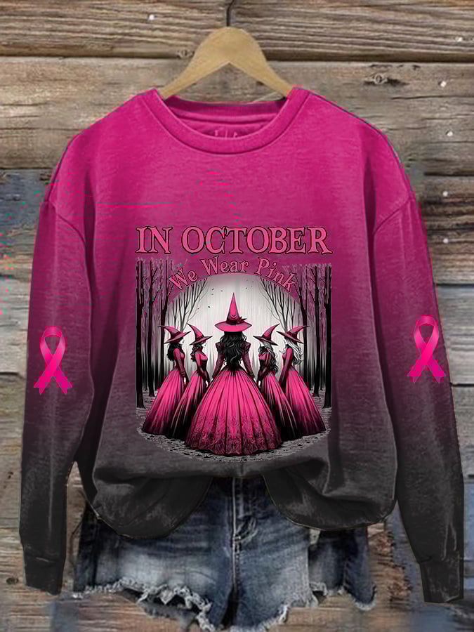 Women's Casual Vintage October We Wear Pink Witch Sweatshirt