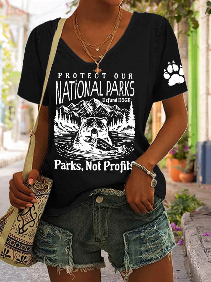 Women's Protect Our National Parks Print V Neck Casual T-Shirt