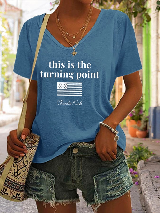 Women's V-Neck Retro This is the Turning Point Print T-Shirt