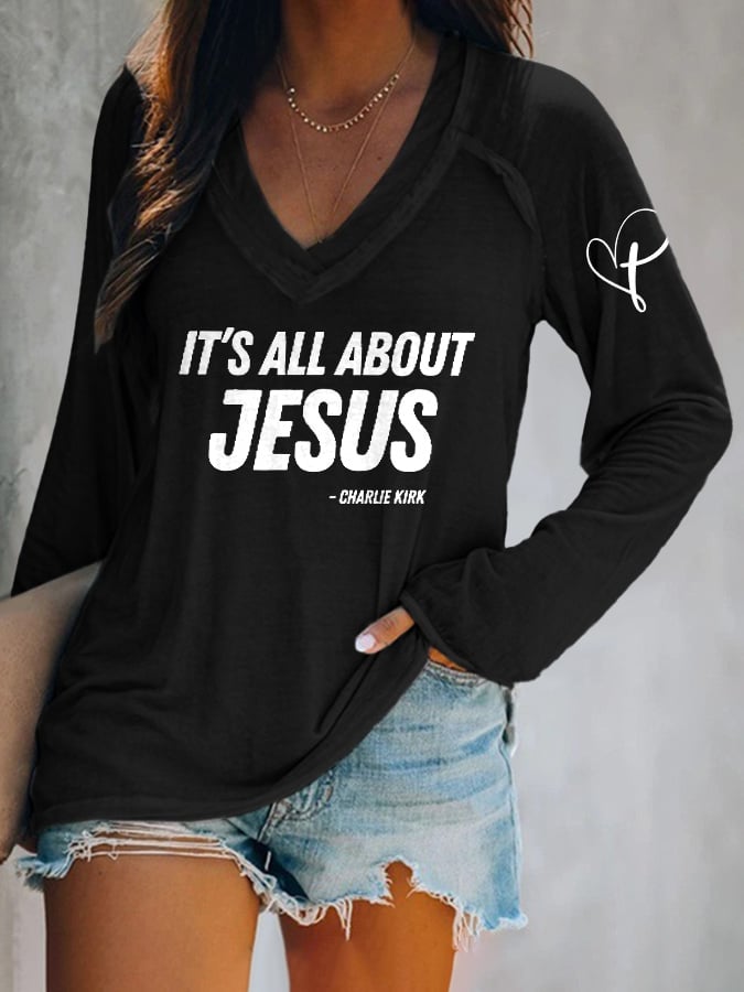 V-neck Retro It's All About Jesus Print T-Shirt