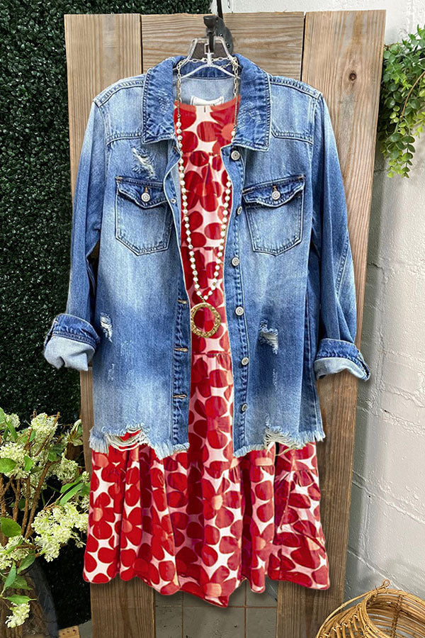 Ripped Holes Frayed Hem Denim Jacket