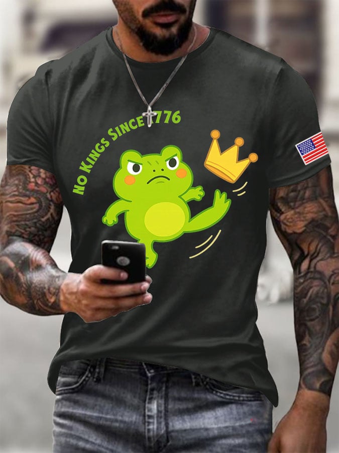 Men's No Kings Frog Printed Round Neck T-Shirt