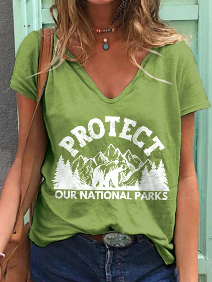 Women's Protect Our National Parks Print V Neck T-Shirt