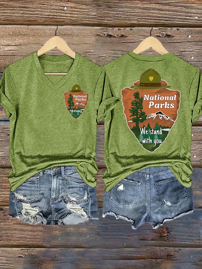V-neck Retro National Parks Strong We Stand With You Print T-Shirt