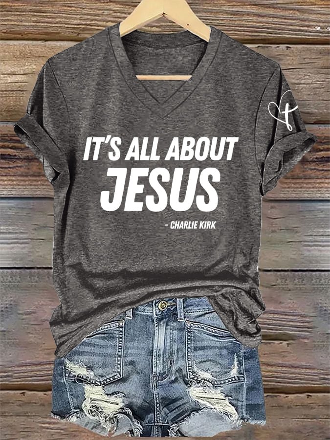 V-Neck Retro It's All About Jesus Print T-Shirt
